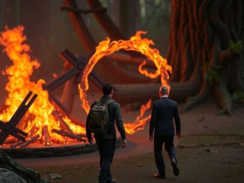 A dramatic forest scene representing the Arena from The Hunger Games