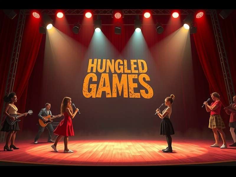 Stage production of The Hunger Games showing a dramatic arena set with tributes