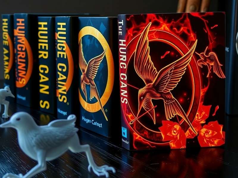 A stack of The Hunger Games books with a mockingjay pin resting on top