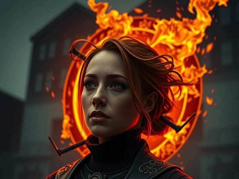 Katniss Everdeen aiming her bow in The Hunger Games arena