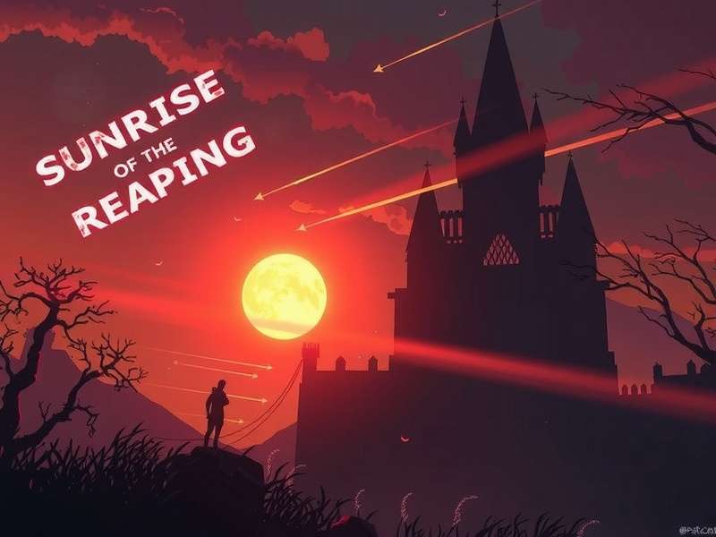 A dramatic artistic depiction of the Reaping Day sunrise over a Panem district with ominous clouds