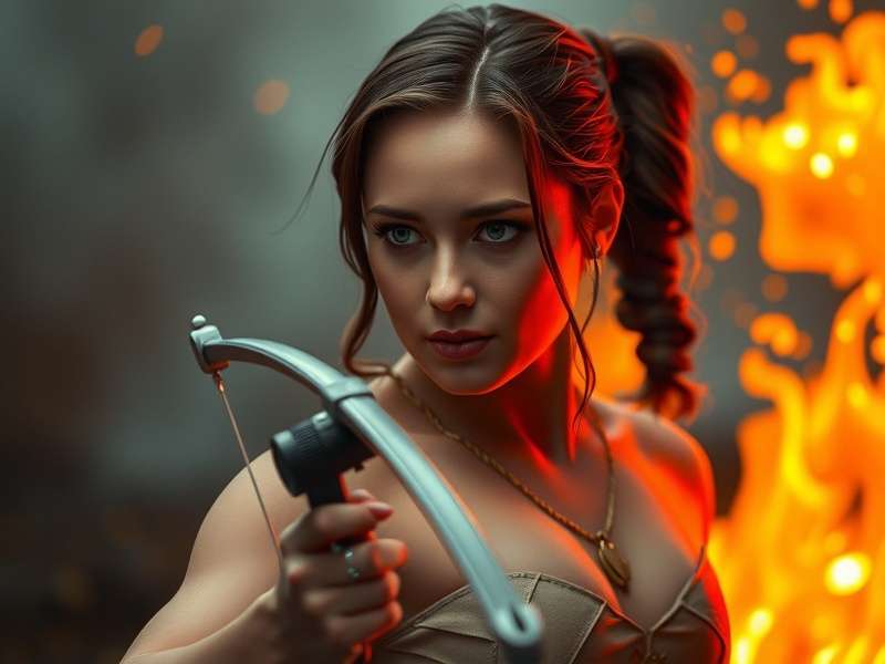 Jennifer Lawrence as Katniss Everdeen aiming her bow in The Hunger Games