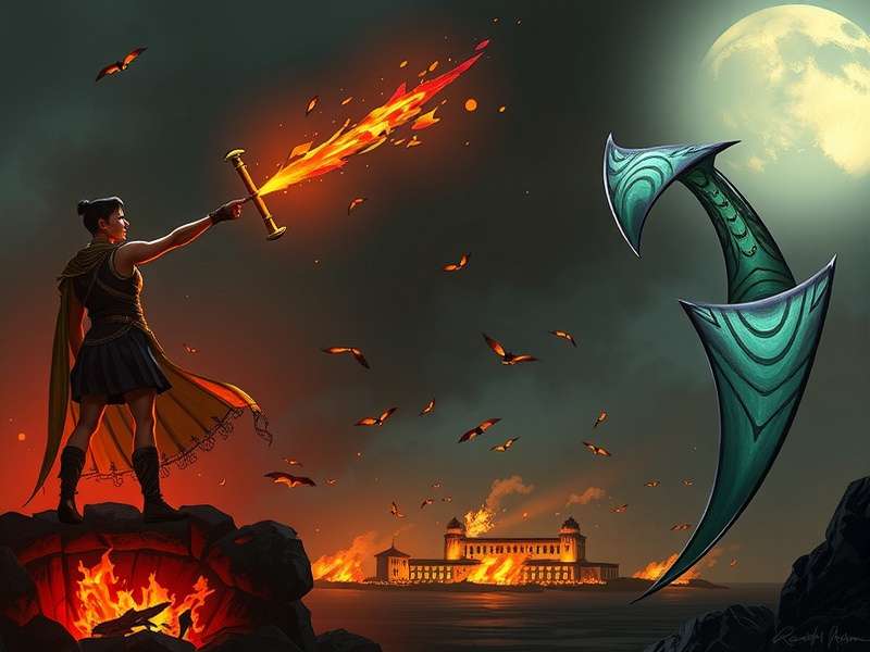 A stark forest clearing resembling a potential Hunger Games arena, with mist and sunlight filtering through trees