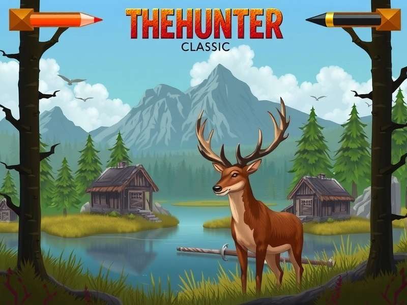 Hunter aiming a bow in a dense forest, showcasing Thehunter Classic gameplay