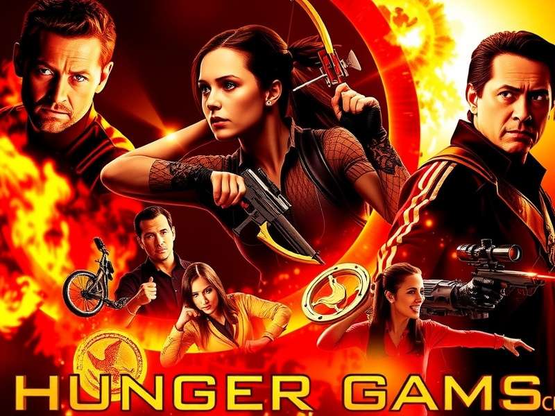 The Hunger Games film series collage featuring Katniss Everdeen with her bow