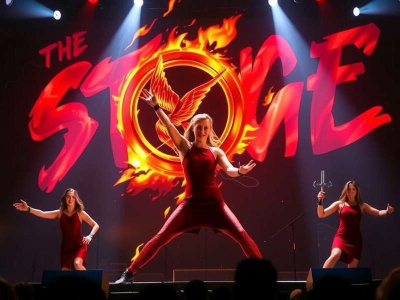 The Hunger Games stage production scene showing Katniss Everdeen in the arena