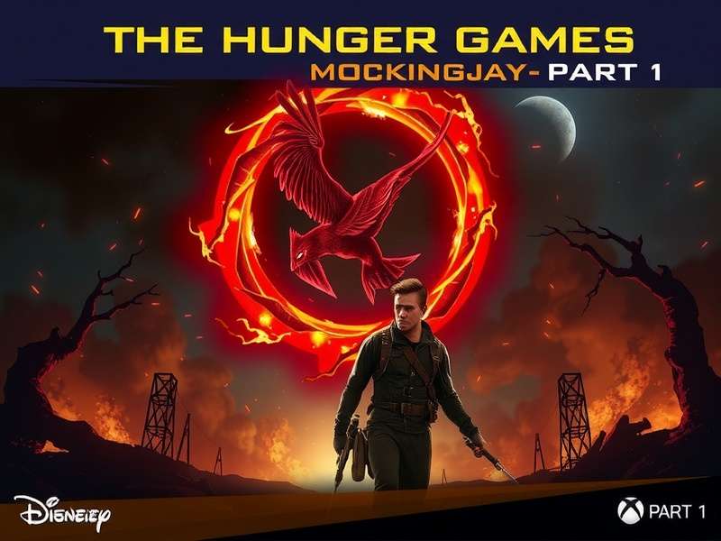 Katniss Everdeen as the Mockingjay in front of the rebellion's symbol