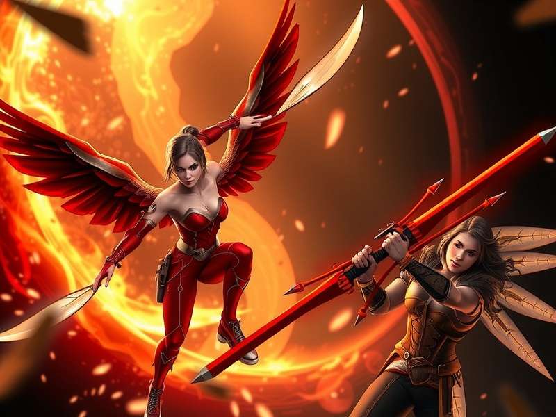 A creative digital collage representing The Hunger Games fandom on Bilibili with symbols of fire, arrows, and digital elements