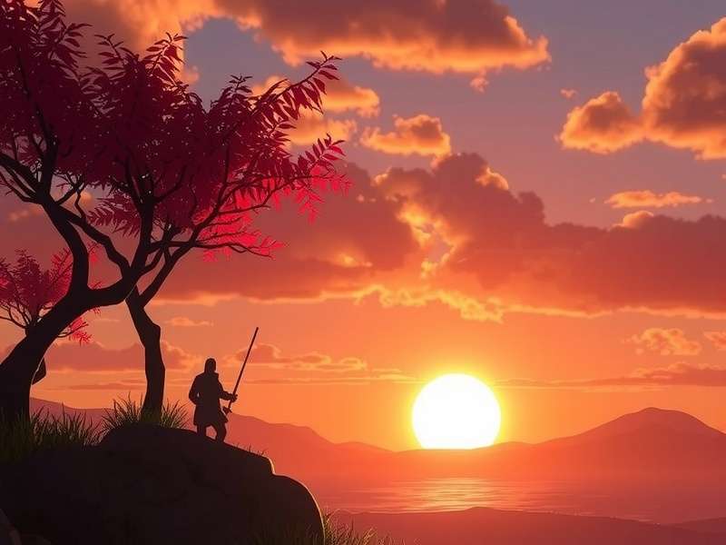 Dawn breaking over a somber, misty landscape