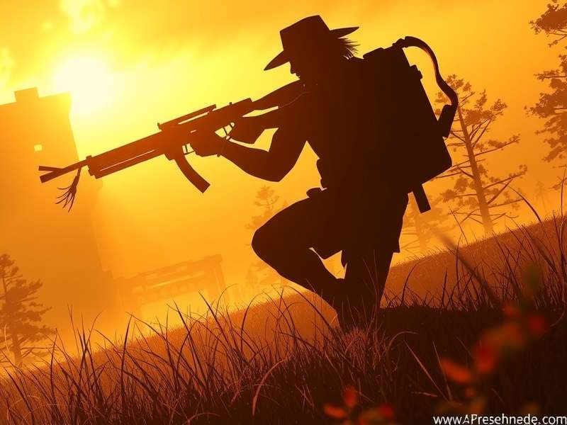 A tribute hunter peers through dense forest foliage in a Hunger Games arena