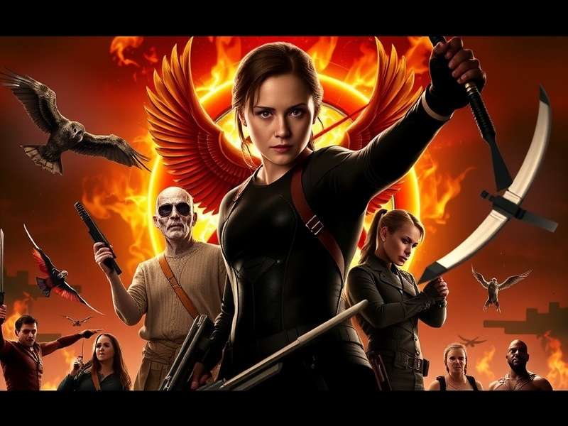 The Hunger Games movie franchise character collage featuring Katniss, Peeta, and President Snow