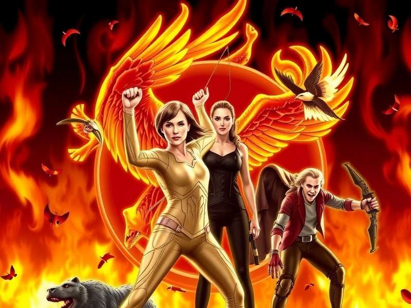 Katniss Everdeen aiming her bow in the Hunger Games arena, surrounded by forest