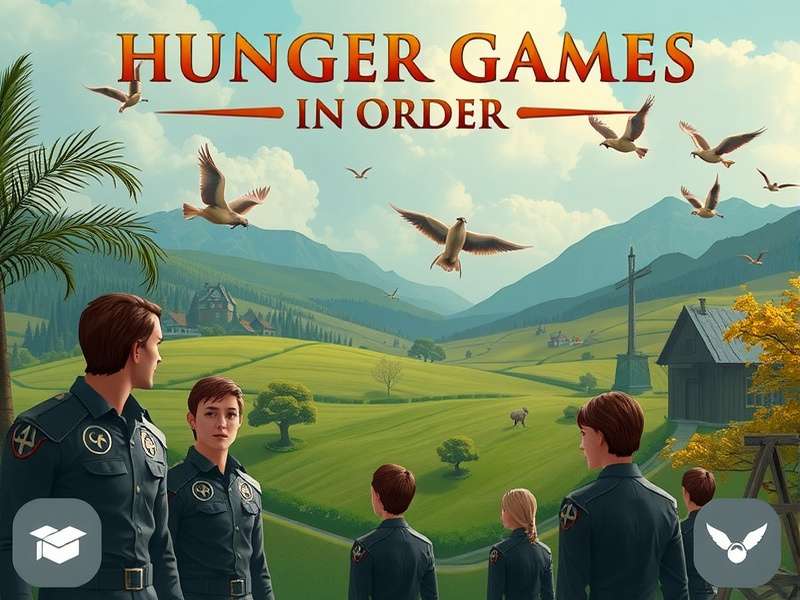 The Hunger Games saga banner showing the iconic mockingjay symbol and Panem landscape