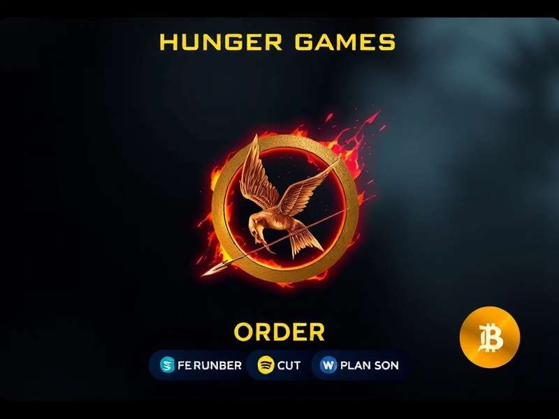 A dramatic cinematic view of a futuristic arena with a mockingjay symbol overlay, representing the Hunger Games order and Panem