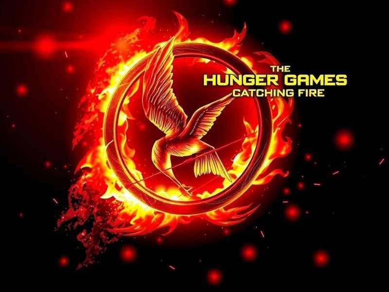 Katniss Everdeen in The Hunger Games Catching Fire, standing defiantly with the iconic mockingjay pin.