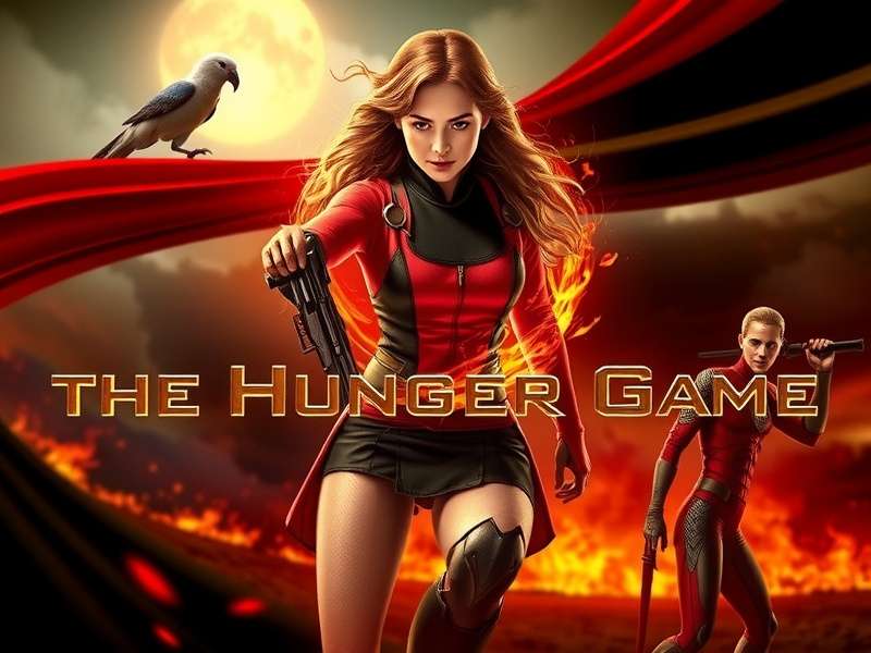 The Hunger Games arena landscape with a fiery sky, symbolizing the battle for survival in Panem